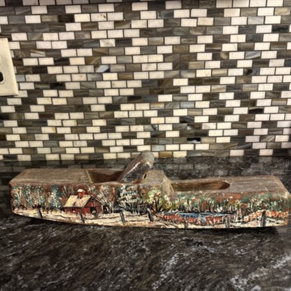 Folk art painted 15.75” Vintage Wooden plane Woodworking Tool Antique.